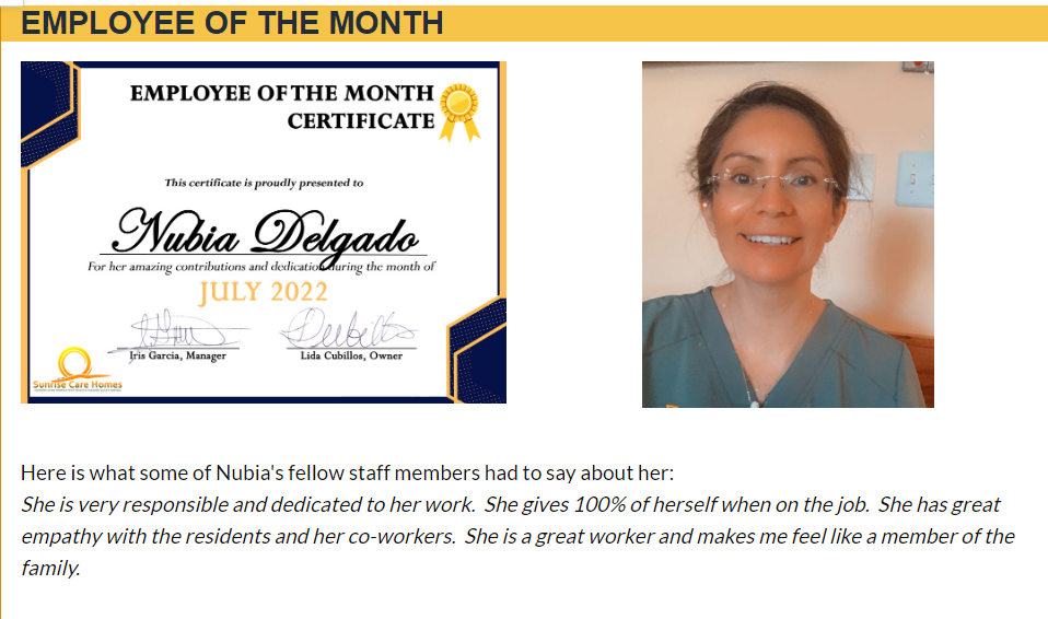 Employee of the month certificate for the month of July.