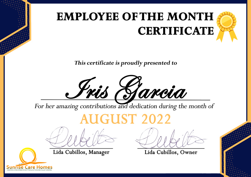 Employee of the month certificate for the month of August.