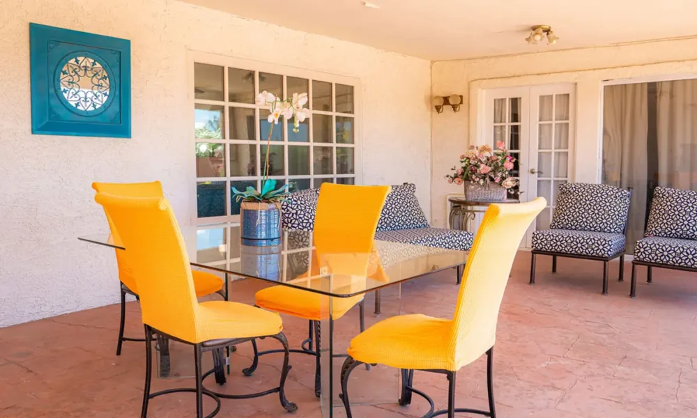 Scottsdale Hayden Road retirement community colorful patio with yellow chairs